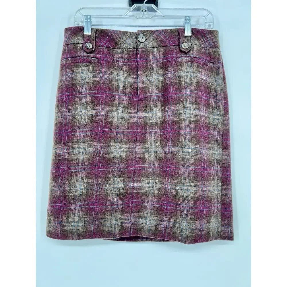 Eddie Bauer Women’s Burgundy Brown Plaid Wool Blend Pencil Skirt Academia 8 Tall